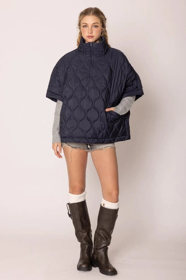 Quarter Zip Quilted Puffer Poncho / Navy