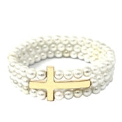 Pearl and Gold Cross Stretch Bracelet