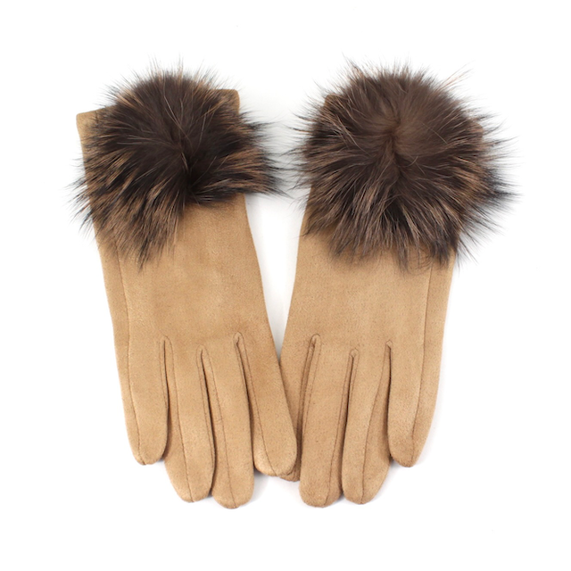 Gloves With Big Pom Pom- Camel