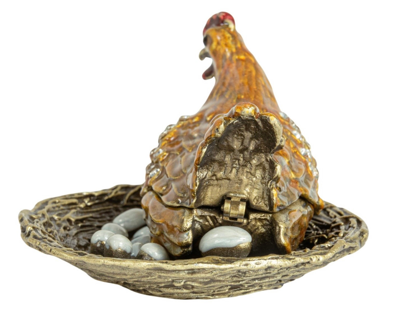 Enameled Metal Hen On Nest Shaped Trinket Box w/ Jewels