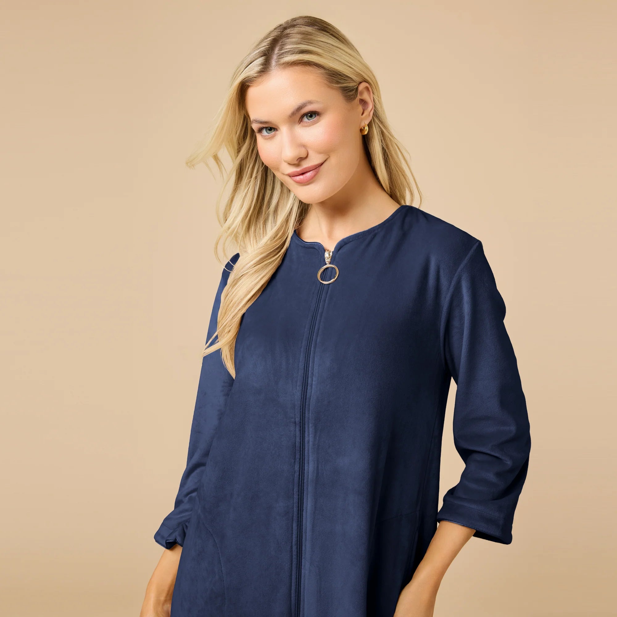 Serenity Shear Mink Zip 3/4 Sleeve Robe 42” - Midnight