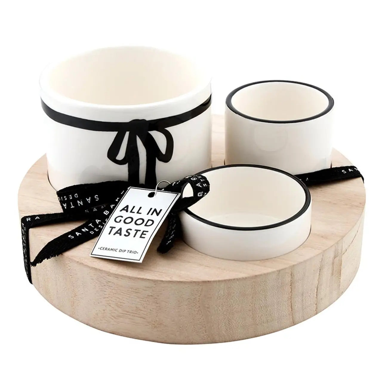 Trio Ceramic Bowls with Wood Base - Bow