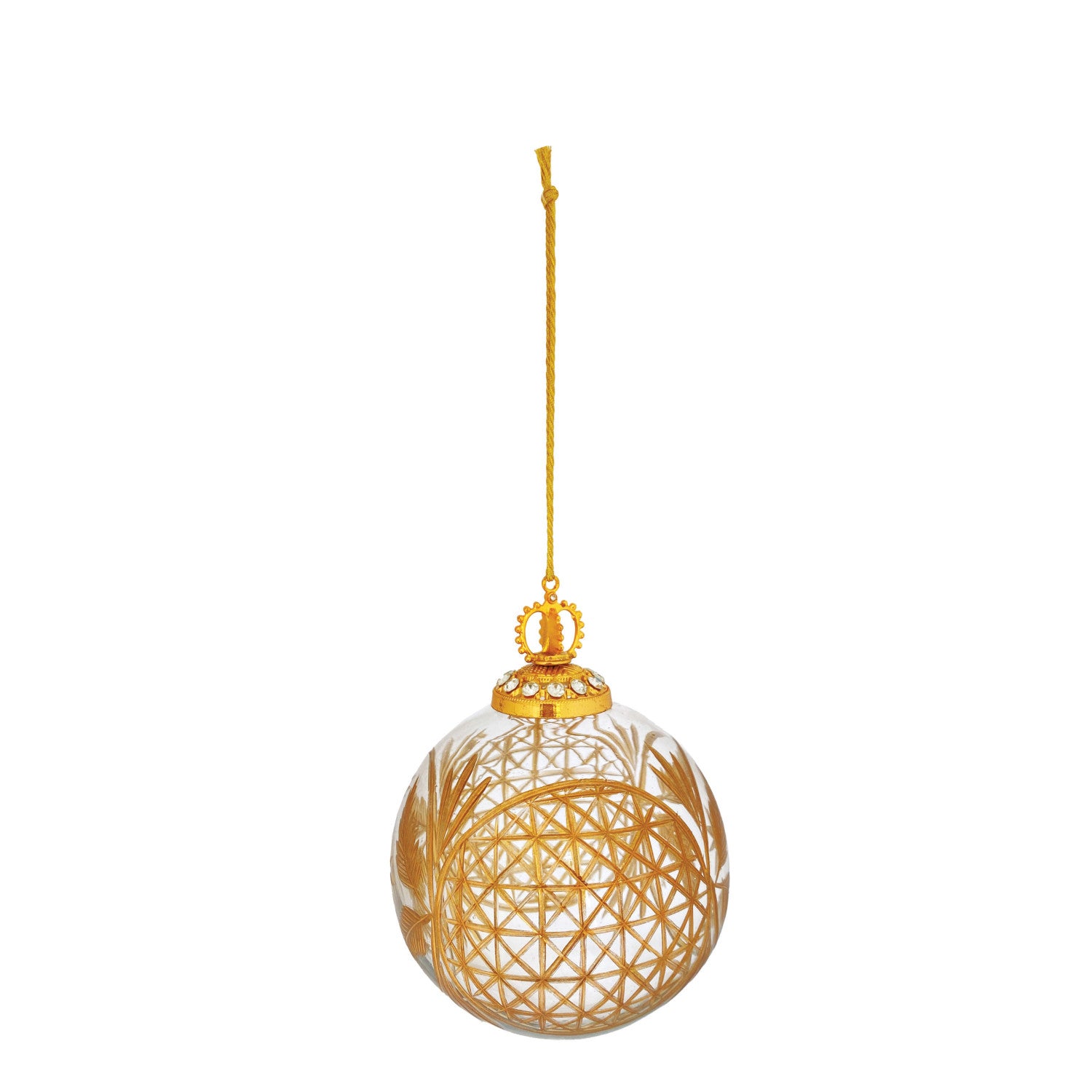 Hand-Blown Etched Glass Ball Ornament with Design, Gold Finish