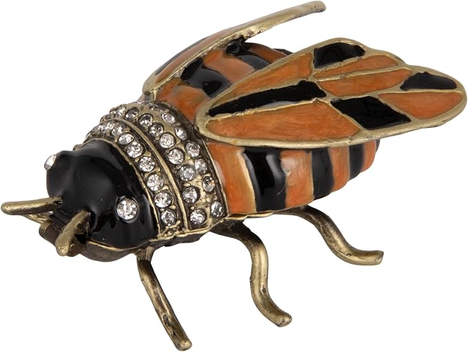 Enameled Metal Bee Shaped Trinket Box w/ Jewels, Gold Finish, Orange Color & Black