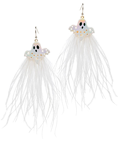 Boo Iridescent with Feathers Drop Earrings
