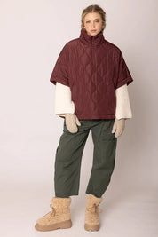 Quarter Zip Quilted Puffer Poncho / Burgundy