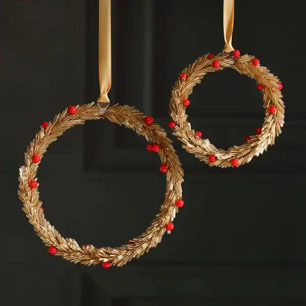 Golden Beaded Wreath Ornament-Gold With Red Berries 4”