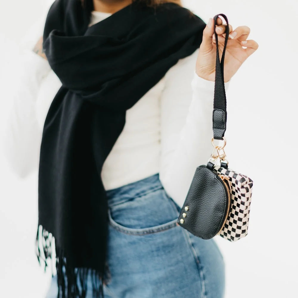 Wonderlust Woven Dual Pouch Wristlet/ Black Checker