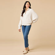 Cable Knit Marshmallow Funnel Neck Double Zip Jacket- Almond
