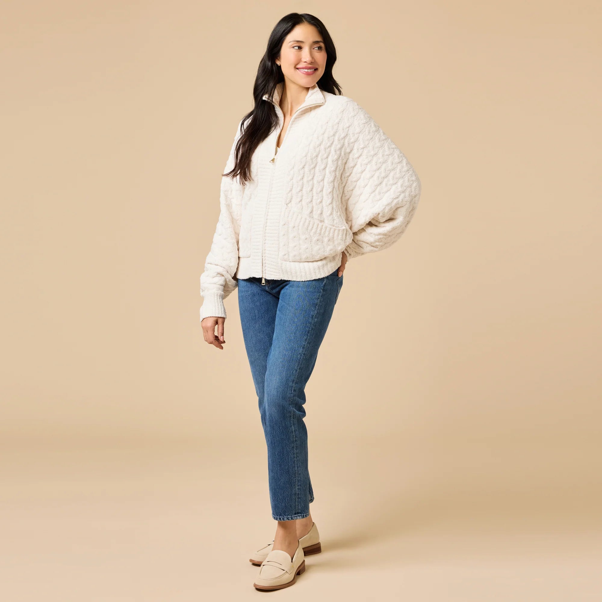 Cable Knit Marshmallow Funnel Neck Double Zip Jacket- Almond