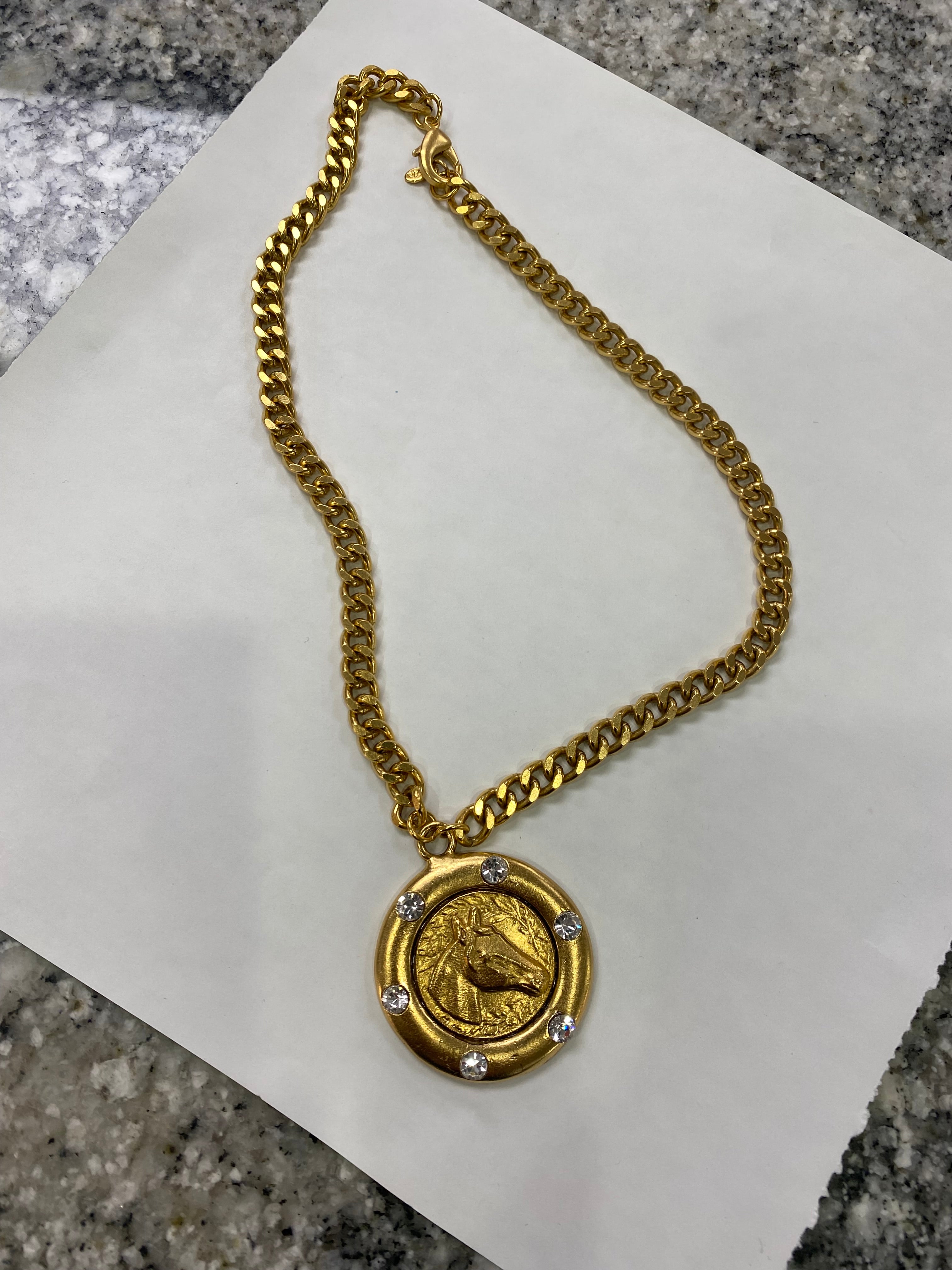 Gold Horse Pendant  In A Circle Necklace / CZ