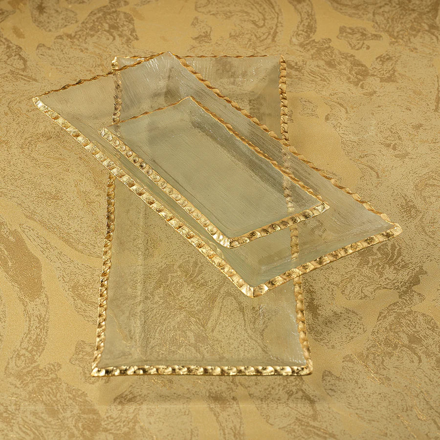 Clear Textured Organic Rectangular Tray W/ Jagged Gold Rim- Medium