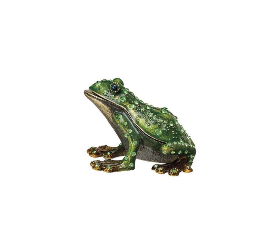 Enameled Metal Frog Shaped Trinket Box w/ Jewels, Gold Finish & Green