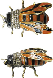 Enameled Metal Bee Shaped Trinket Box w/ Jewels, Gold Finish, Orange Color & Black