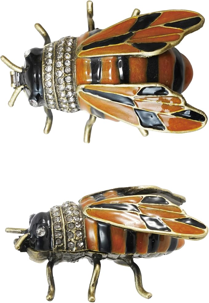 Enameled Metal Bee Shaped Trinket Box w/ Jewels, Gold Finish, Orange Color & Black