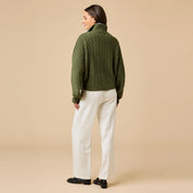 Cable Knit Marshmallow Funnel Neck Double Zip Jacket- Olive