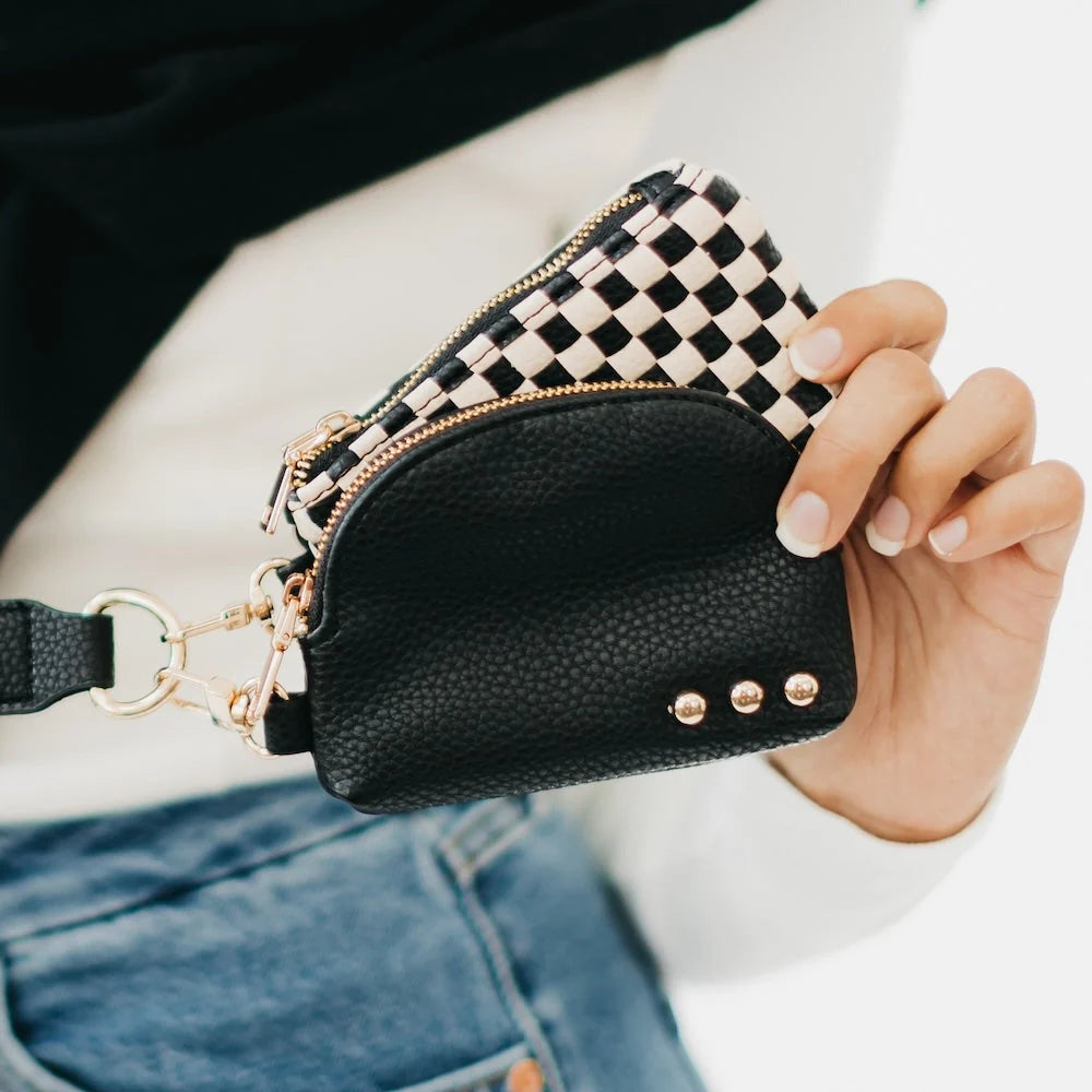 Wonderlust Woven Dual Pouch Wristlet/ Black Checker