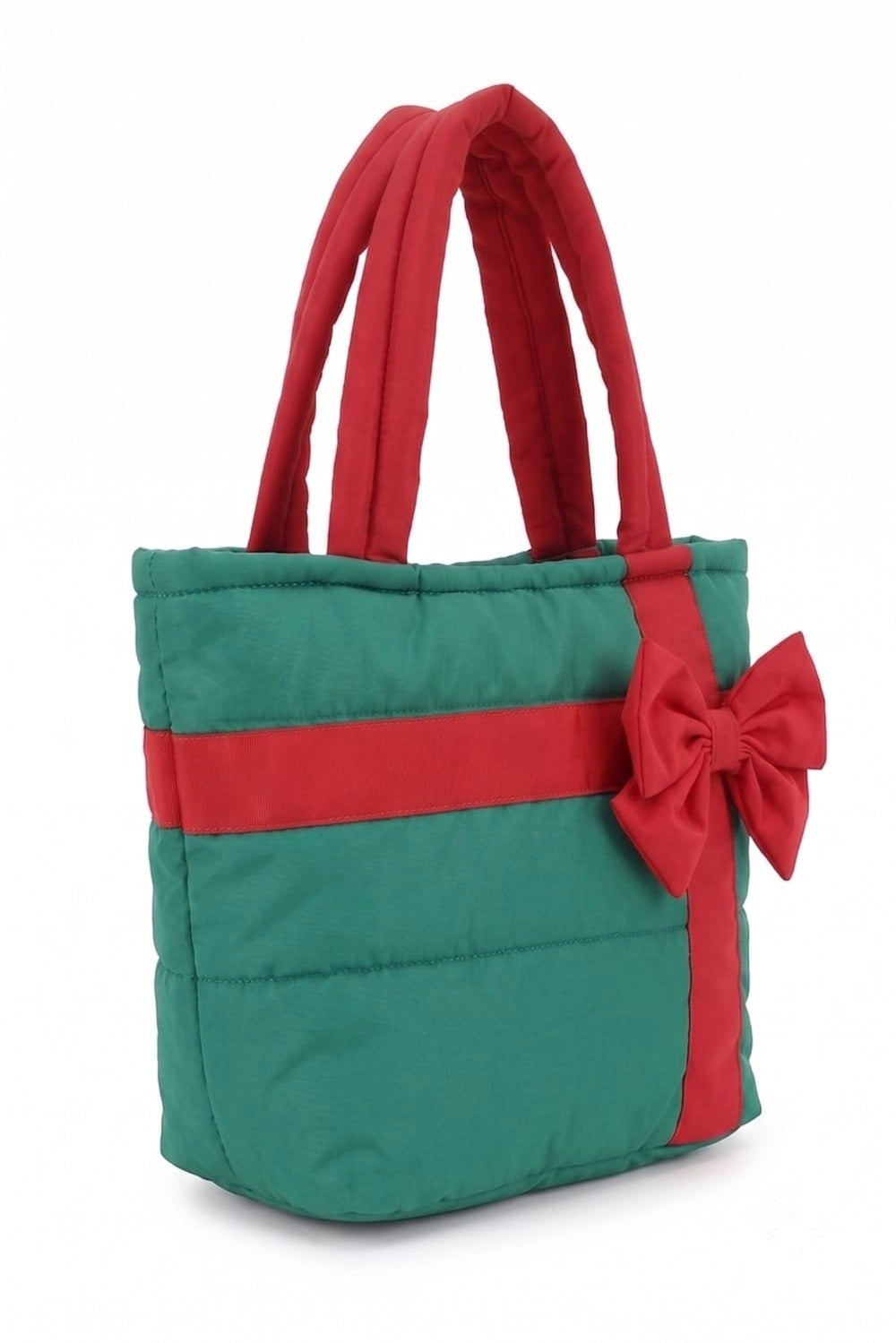 Gift Box Quilted Puffer Tote Bag / Green