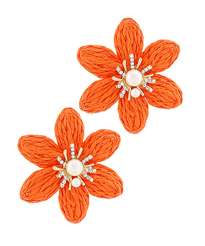 Raffia Flower & Pearl Earrings