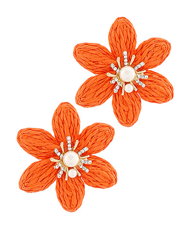 Raffia Flower & Pearl Earrings