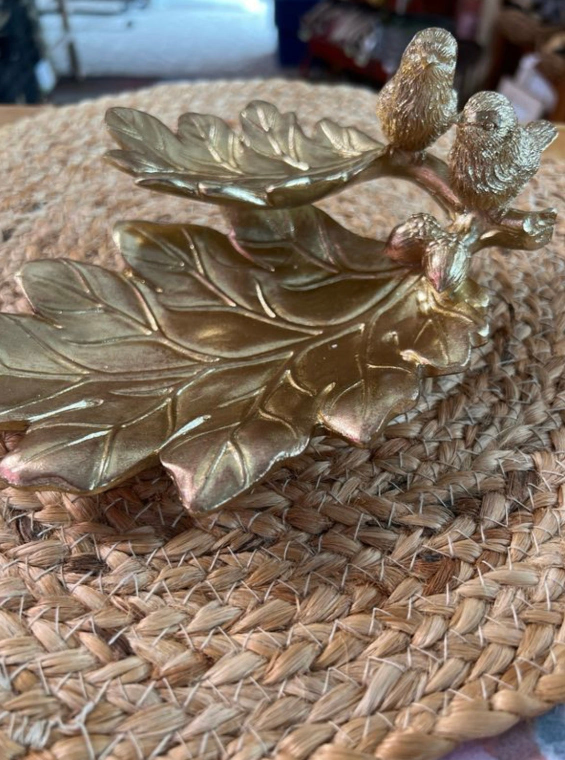 GOLD RESIN LEAF TRAY W/BIRDS