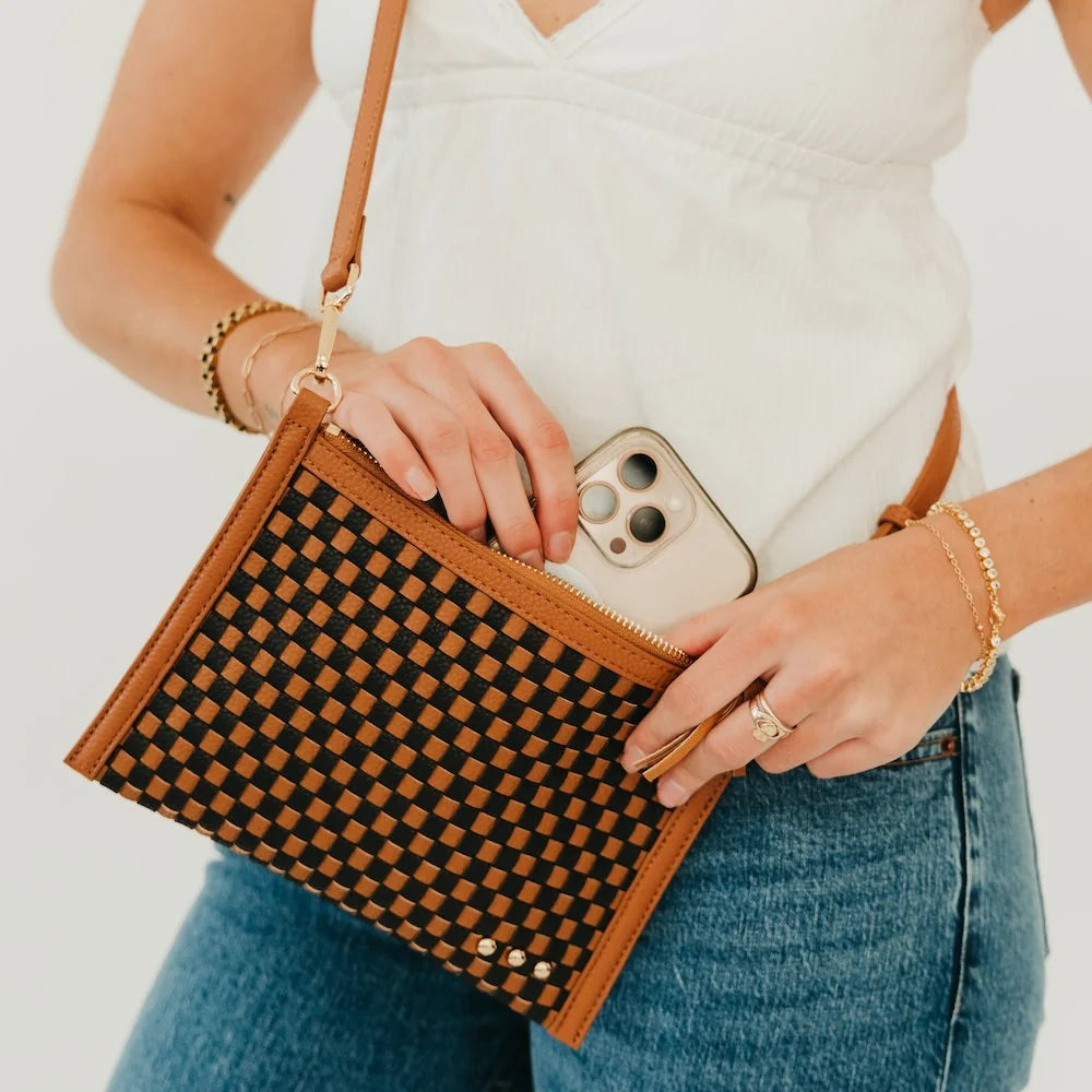 Veda Woven Crossbody & Clutch Bag / Checkered Coffee