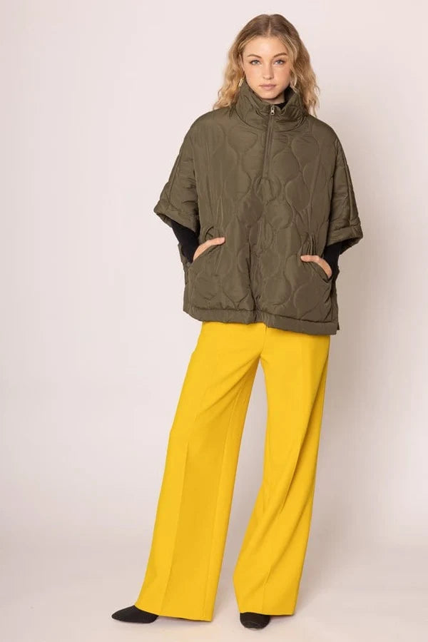 Quarter Zip Quilted Puffer Poncho / Olive