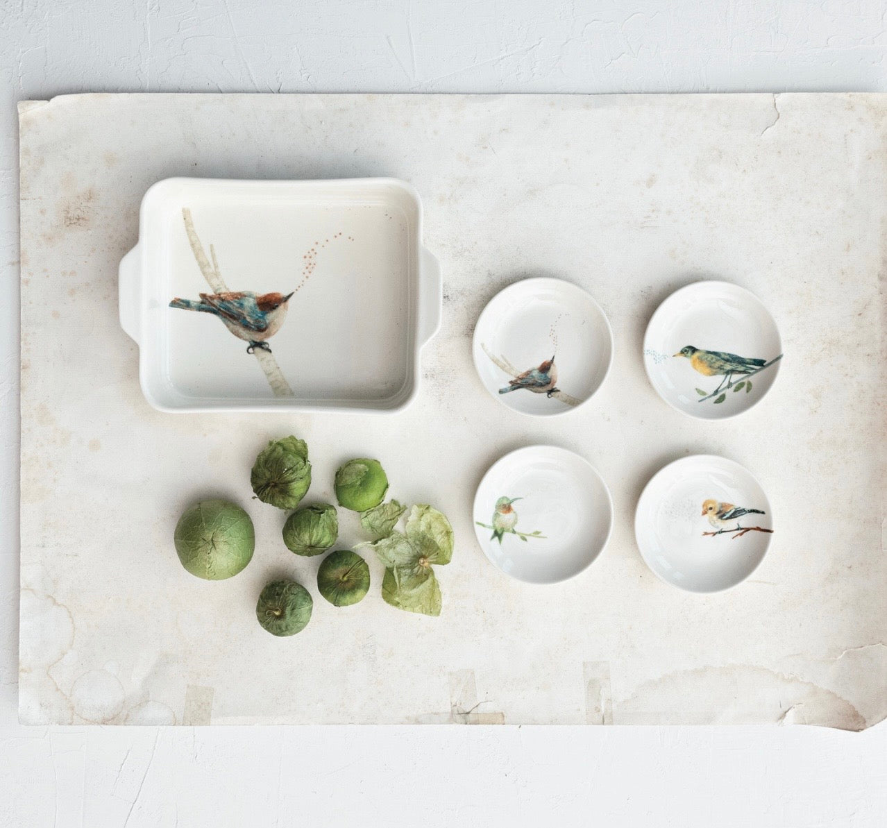 Stoneware Dish w/ Bird on Branch, 4 Styles