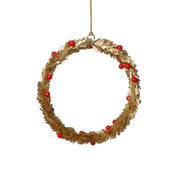 Golden Beaded Wreath Ornament-Gold With Red Berries 4”