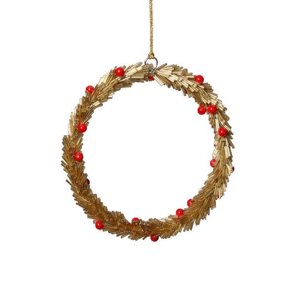 Golden Beaded Wreath Ornament-Gold With Red Berries 4”