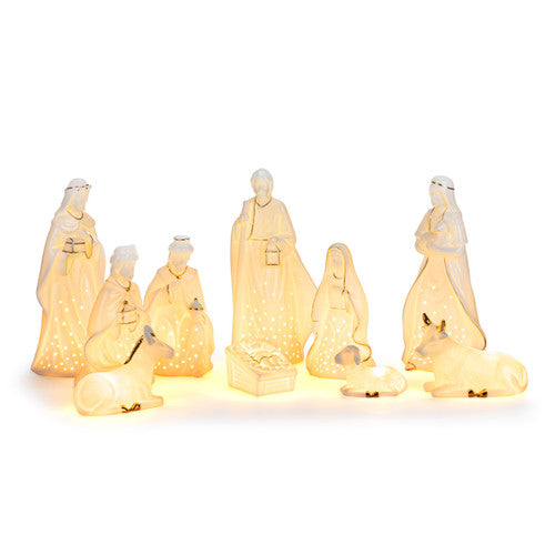 Ceramic White And Gold LED Nativity Figures / Set Of 10