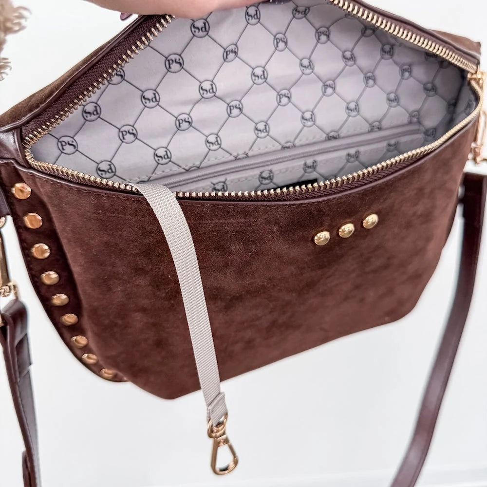 Sabrina Studded Suede Bag / Chocolate