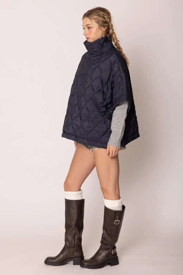 Quarter Zip Quilted Puffer Poncho / Navy