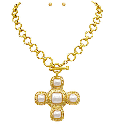 Cross w/Stone Necklace- Pearl