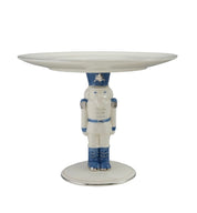 Ceramic Pedestal with Nutcracker & Silver Electroplating, White & Blue