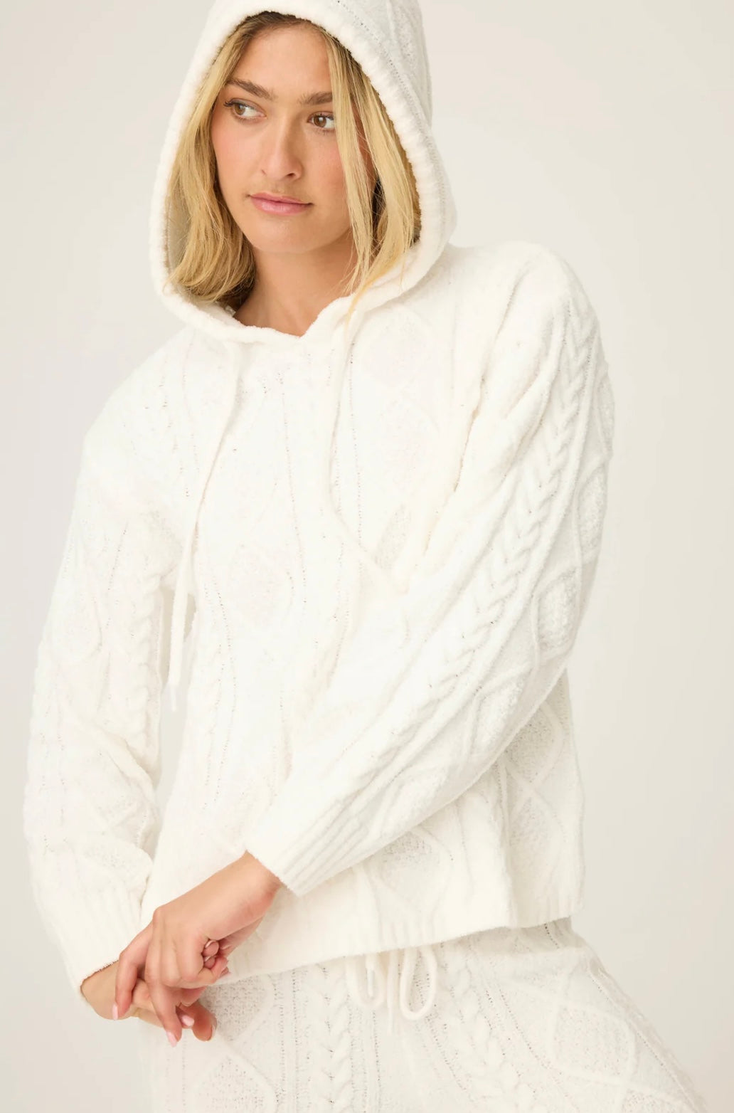 PJ Salvage Cozy Chenille Cable Knit Hoodie - Ivory