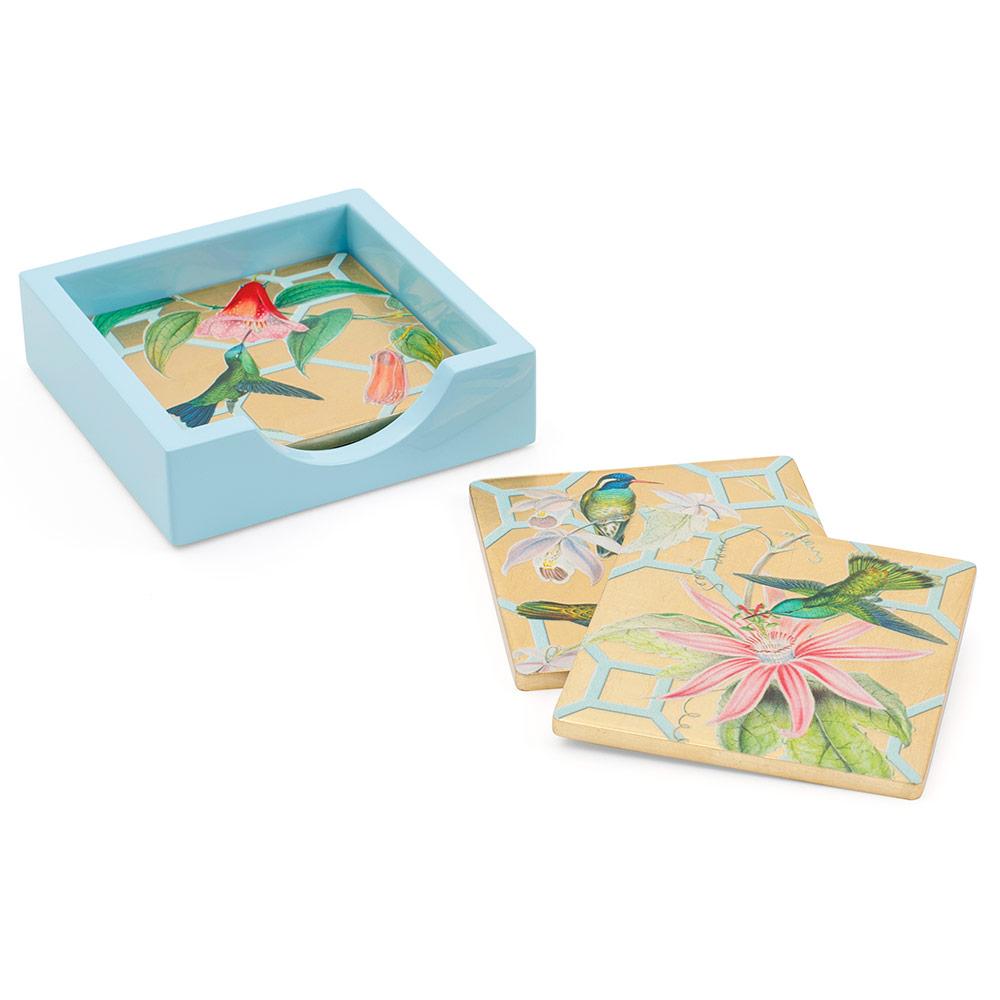 Caspari Hummingbird Trellis Gold Lacquer Coasters Set Of 4