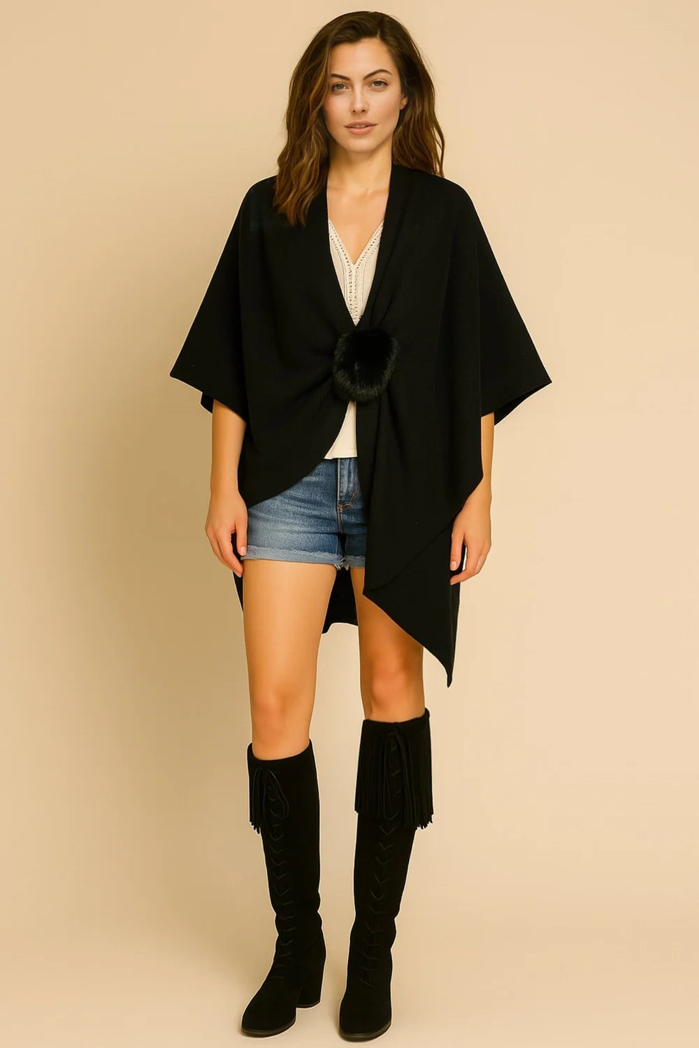 Ruana With Fur Strap /  Black