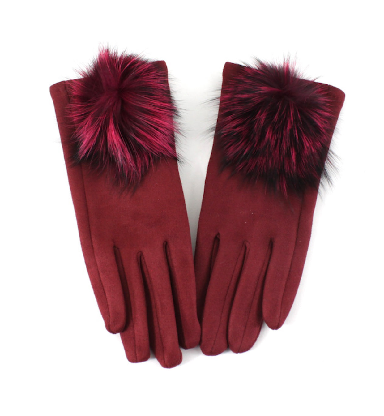 Gloves With Big Pom Pom- Red