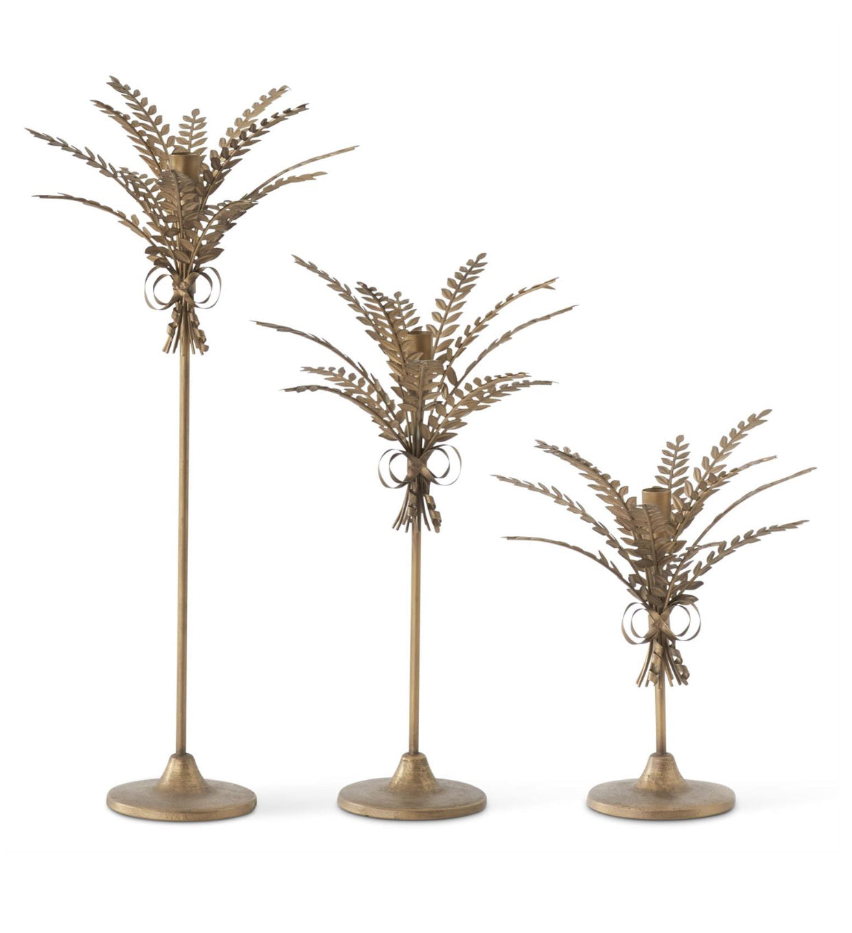 Antique Gold Metal Wheat Taper Candleholders Set Of 3
