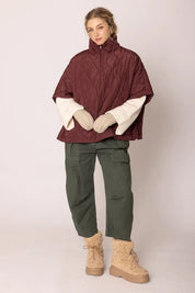Quarter Zip Quilted Puffer Poncho / Burgundy