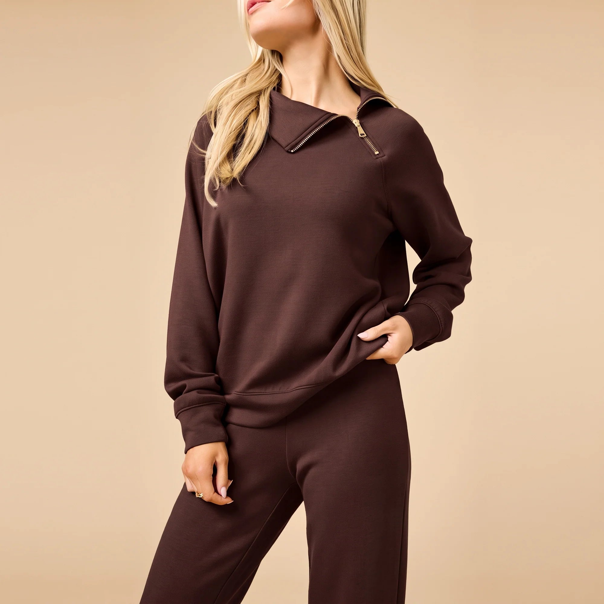 DreamTech Zip Mock Neck with Pant - Espresso