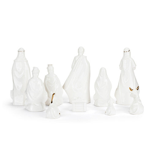 Ceramic White And Gold LED Nativity Figures / Set Of 10