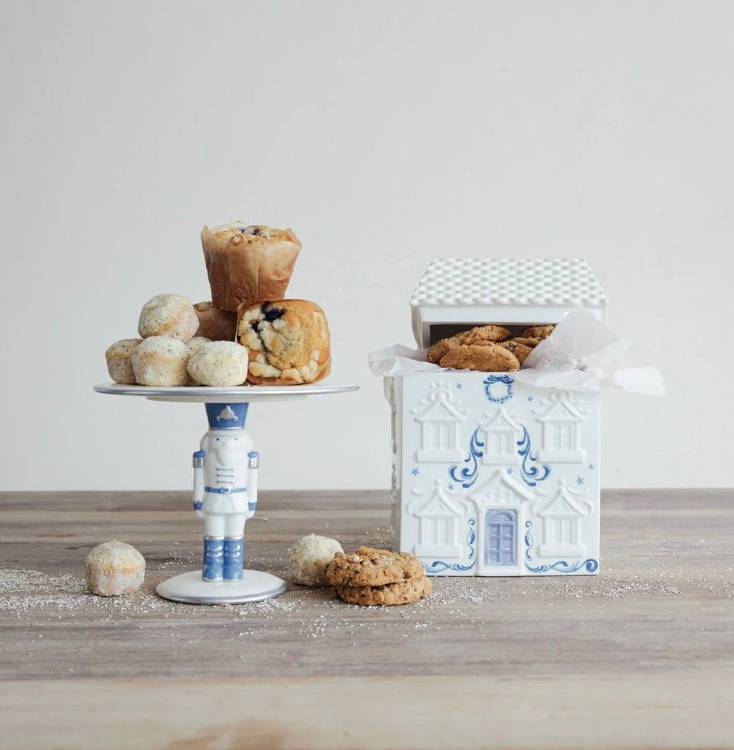 Ceramic Pedestal with Nutcracker & Silver Electroplating, White & Blue