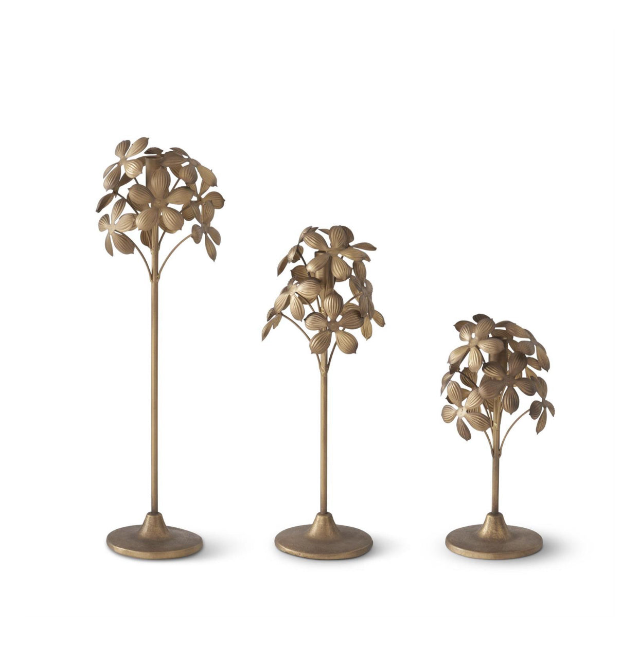 Gold Metal Flower Taper Candleholders- Set of 3