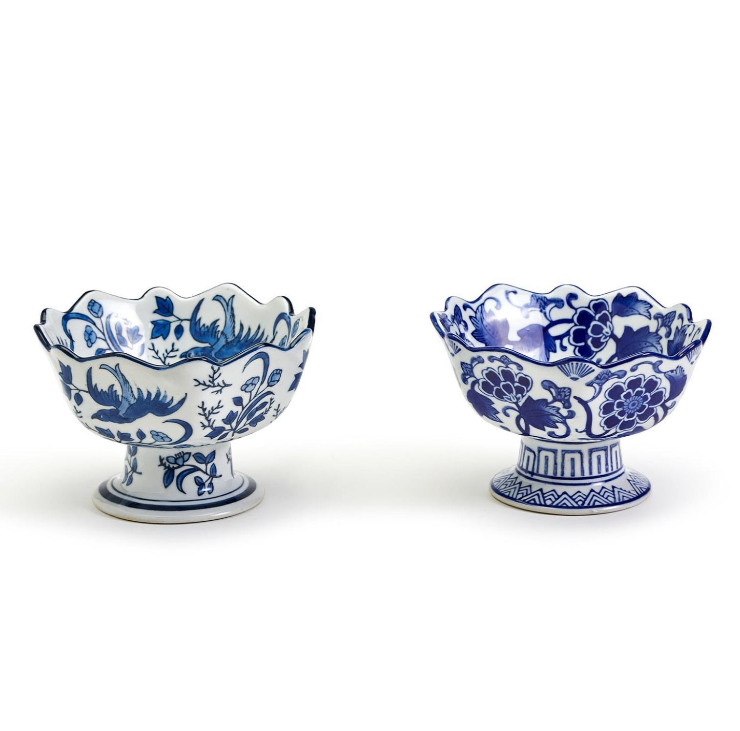 Blue and White Scalloped Edge Hand-Painted Footed Bowl - Assorted Patterns