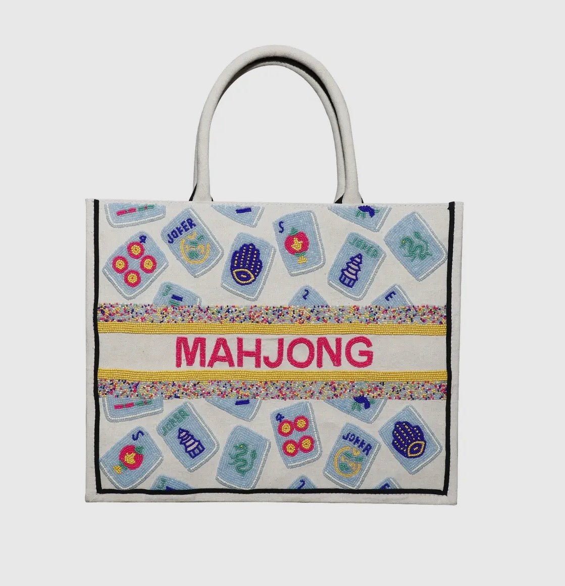 Personalized Beaded Tote- Mahjong/ Ivory Multi