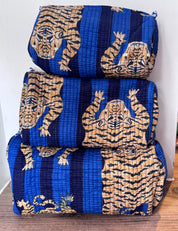 QUILTED MAKEUP BAG/COSMETIC BAG: SET OF 3-TIGER/ Dark Blue/Navy