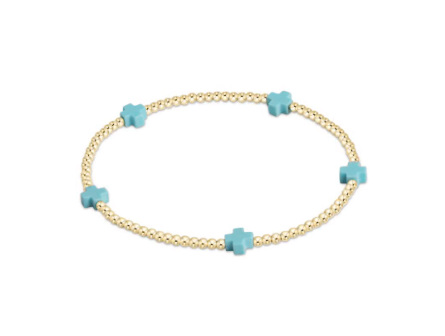 Signature Cross Small Gold Pattern 2mm Bead Bracelet - Turquoise