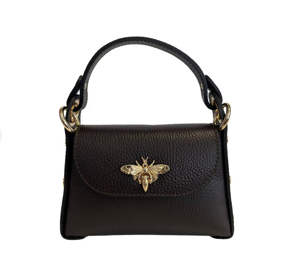 Leather Handbag with Bee-Shaped Clasp - Black